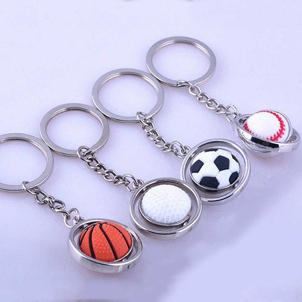 

key rings 3d sports rotating basketball football soccer keychain car keyring key fob ball pendant for men jewelry creative accessories aa230, Slivery;golden