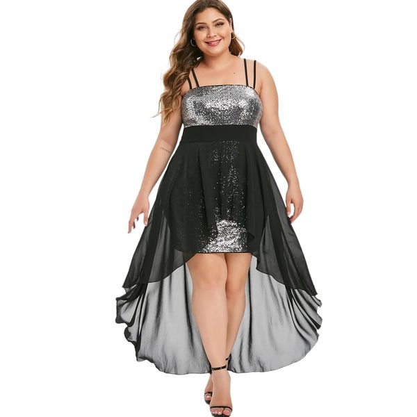

plus size dresses size sequines asymmetric hem dress spaghetti strap sleeveless summer mesh patchwork split elegant party vestidos 230330, Black