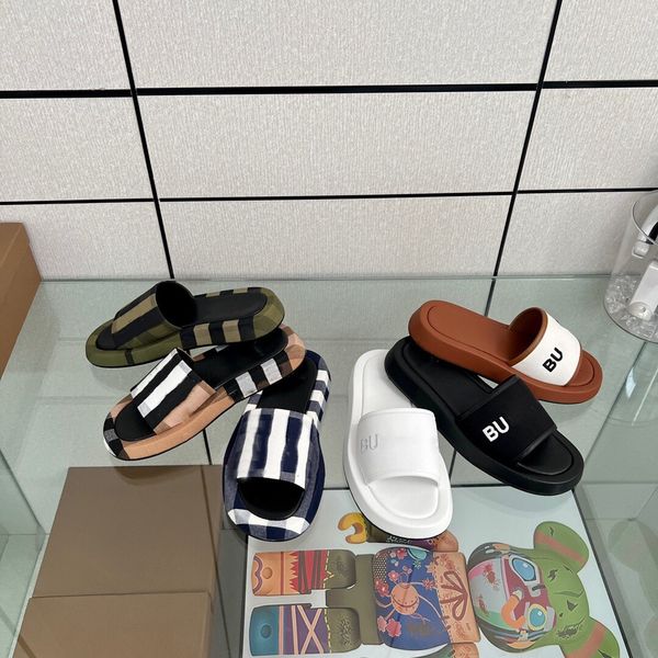 

bur luxury designer slippers men women plaid checks slippers embroidered mesh pollow sandal lattice pool slides thick sole sandals brown lon, Black