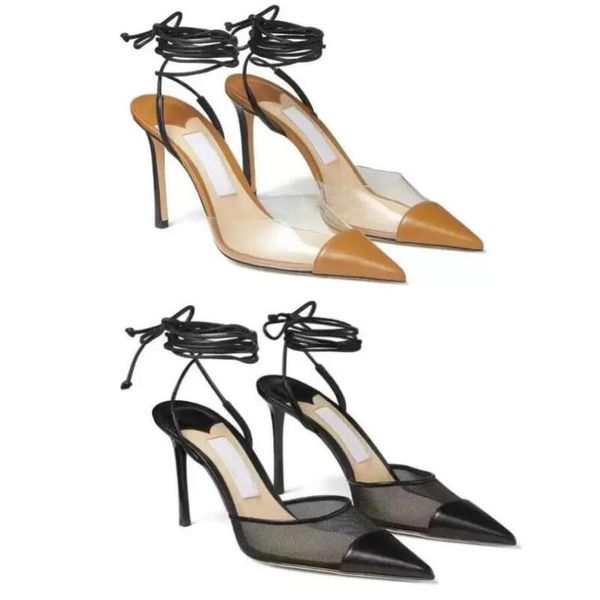 

summer women's sandals calf leather pvc mesh breathable pointed ankle strap stiletto heels elegant women show unique charm eu35-43, Black