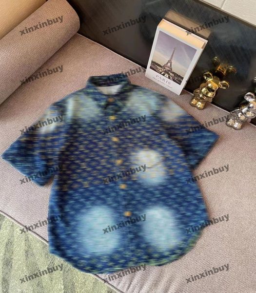 

xinxinbuy men designer tee t shirt 23ss rainbow jacquard denim sets short sleeve cotton women black white blue gray khaki s-3xl, Black;brown