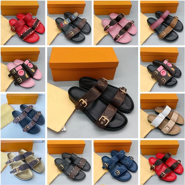

2023 luxury brand sandals designer slippers women slides floral brocade genuine leather flip flops double button woman shoes sandal with dus, Black