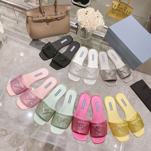 

casual shoes new satin slide crystals flatbottomed slipper rhinestones new full diamond inverted relief triangle nonslip square head fashion, Black