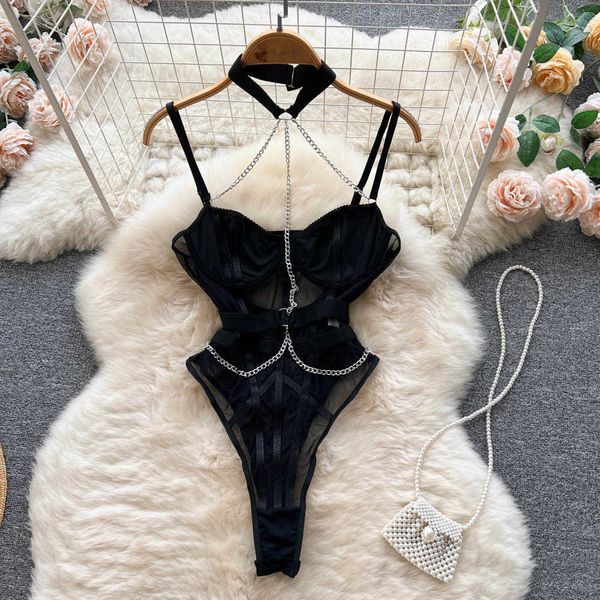 

nxy chain hollow out halter camisole rompers transparent short fashion jumpsuits slim women summer bodysuits 230328, Black;white