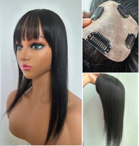 

110% density virgin human hair er with flat bang for women, silk to edge toupee, straight hair piece wiglet, part closure, one-length. 4&quo, Black;brown