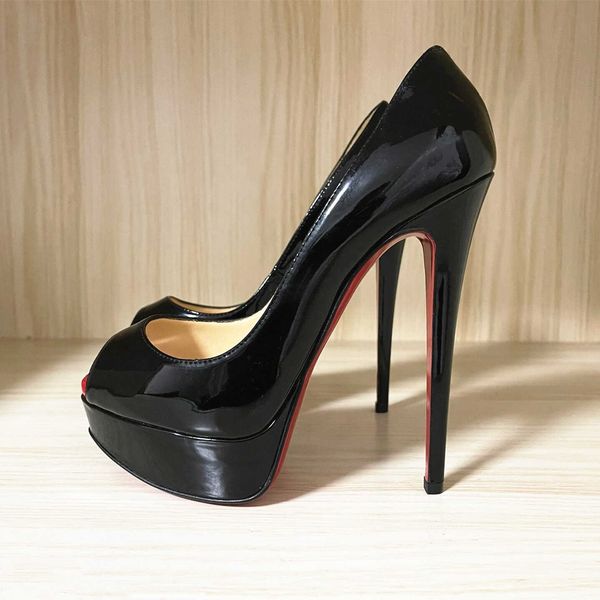 

shoes dress high heel platform peep toe sandals 12cm 14cm thin heels red shiny bottoms nude black patent leather big size wedding 35-45 with