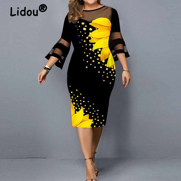

plus size dresses ladies harajuku long sleeve size dres vintage elastic waist flare lace printing party midi dress robe 230330, Black