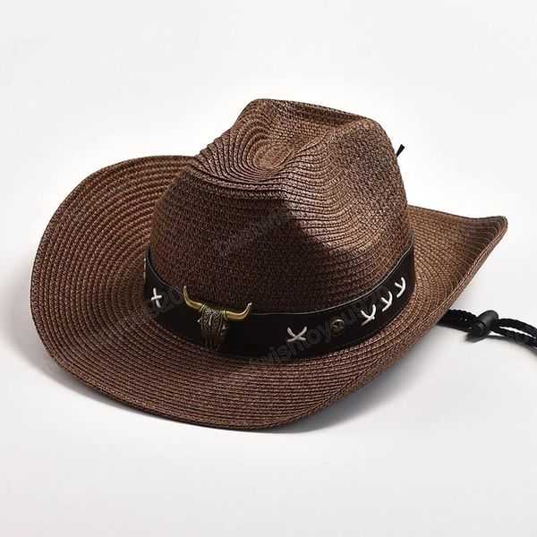 

straw western cowboy hats with metal bull head decoration gentleman jazz sombrero hombre cap outdoor travel beach sun hats, Blue;gray