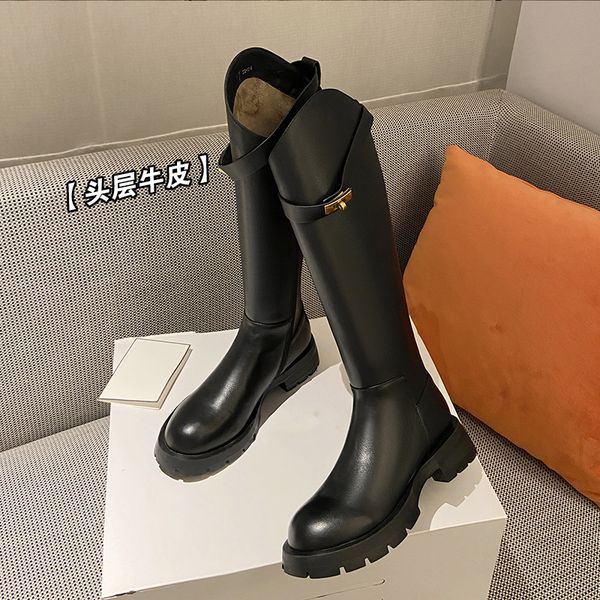

boots autumn and winter women knee-high boots natural leather 22-25cm cowhide upper modern side zip western platform 230330, Black