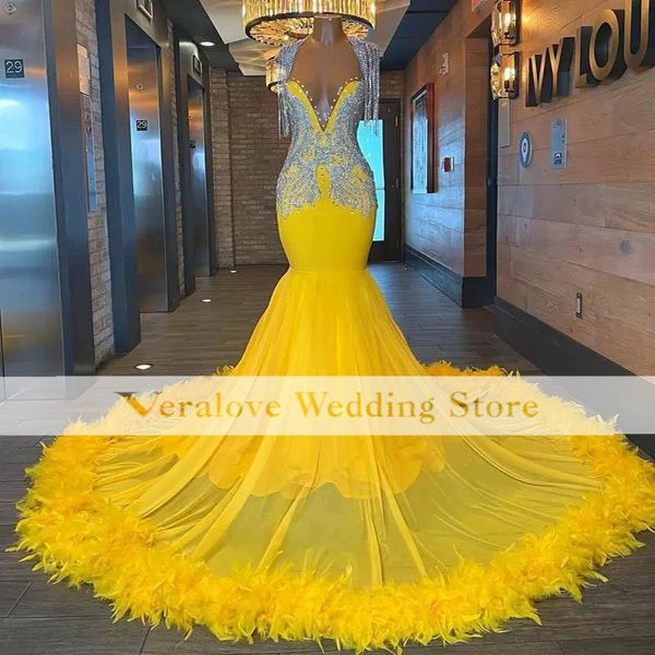 

luxury yellow feather prom dresses 2023 v neck mermaid evening dress plus size open back black girls formal ceremony gowns vestidos de noche
