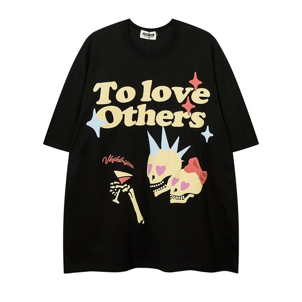 

summer letter foam short sleeve cotton tees streetwear patchwork casual oversized tshirts o neck loose, Black;brown