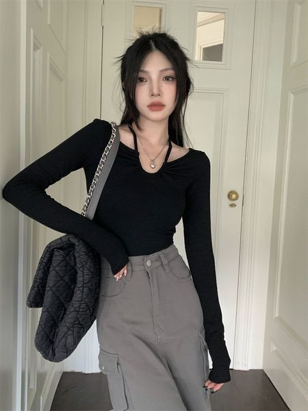

women's polos black halter neck vneck long sleeve tshirt autumn pure lust slim short undershirt 230330, White