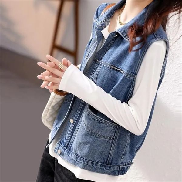

women's vests vintage women's denim tank jacket spring/summer sleeveless casual blue jeans coat women's oversized pocket coat, Black;white
