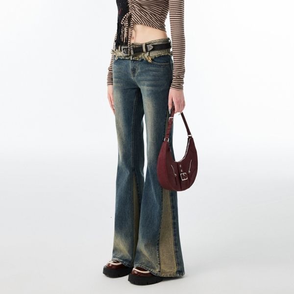 

women's jean blue s flare pants color contrast vintage american fashion streetwear wide leg female baggy trouser denim 230330