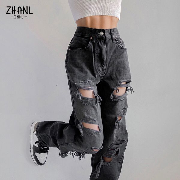 

women's jeans brown women straight pants vintage black ripped fashion streetwear hole hip hop high waist y2k denim trousers ladies 2303, Blue