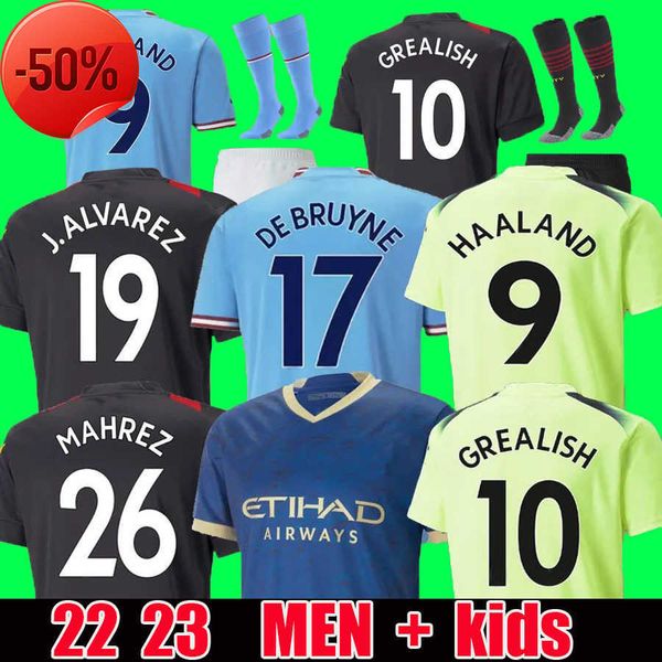 

22 23 custom haaland soccer jerseys grealish sterling mans cities mahrez fans player version de bruyne foden football shirt kids kit sets u, Black;yellow