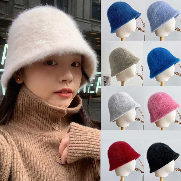 

wide brim hats winter artificial rabbit fur bucket hats for women girls outdoor thickened warm panama solid color foldable furry fisherman c, Blue;gray