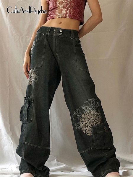 

womens jeans retro graphic print y2k baggy grunge fairycore high waist cargo denim trousers streetwear casual sweatpants cuteandpsycho 23033, Blue