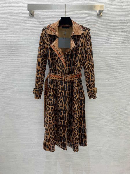 

women designer trench coats snakeskin leopard print lapel long-sleeved bright face trench coat medium-length coat fur coat logo brand desig, Tan;black