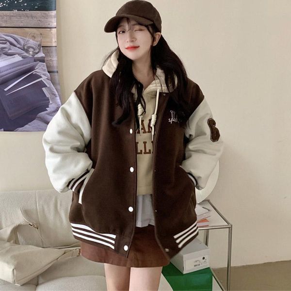 

jackets autumn winter oversized warm bomber jackets women letter print embroidery varsity baseball jacket vintage loose streetwear coats, Black;brown
