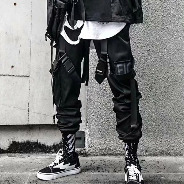 

mens pants joggers cargo for men casual hip hop hit color pocket male trousers sweatpants streetwear ribbons techwear 230329, Black