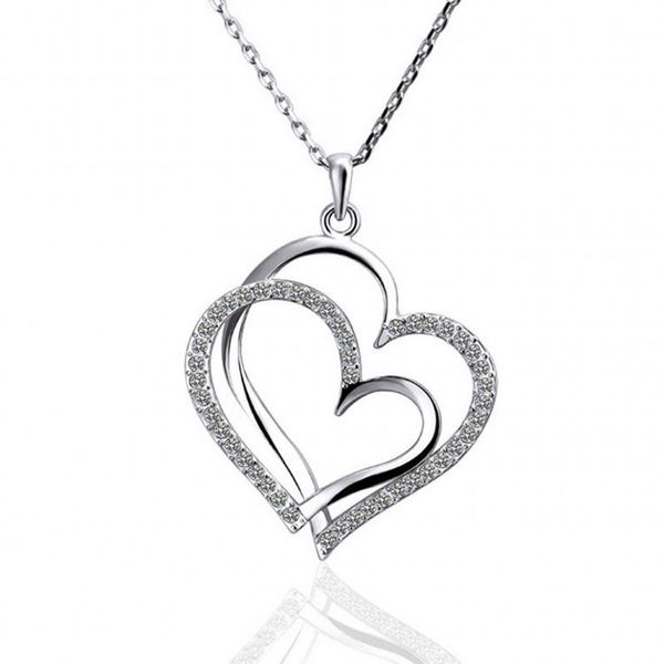 

double-deck peach heart shape pendant necklace inlaid zircon rhinestone twinkle decorate adjeustable length plating white k rose gold non fa, Silver