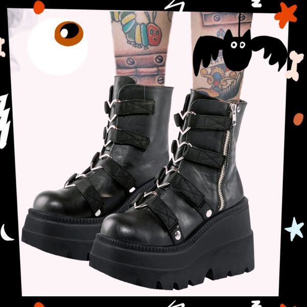 

boots gothic autumn winter halloween ankle women punk sweet heart platform wedges high heels shoes woman metal big size 43 230330, Black