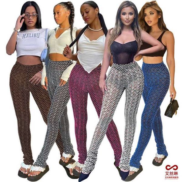 

2023 designer women pants fashion corrugated printed high waist heel heap leggings slim fit trousers, Black;white