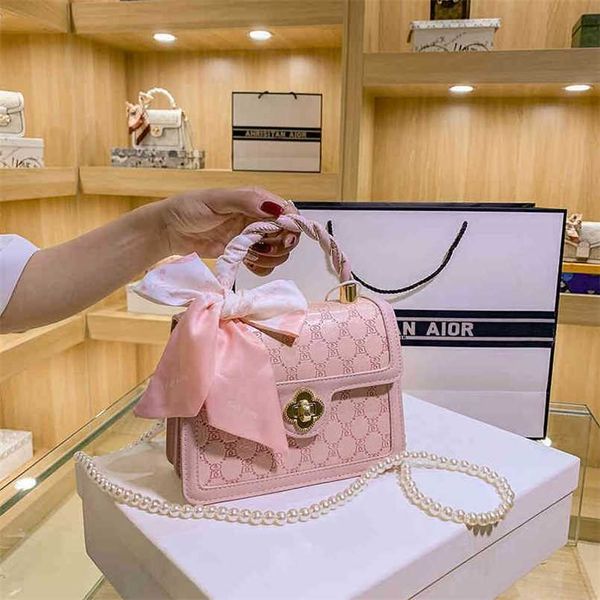

designer bag handbag simple pearl chain portable sweet embossed shoulder bow small square bag
