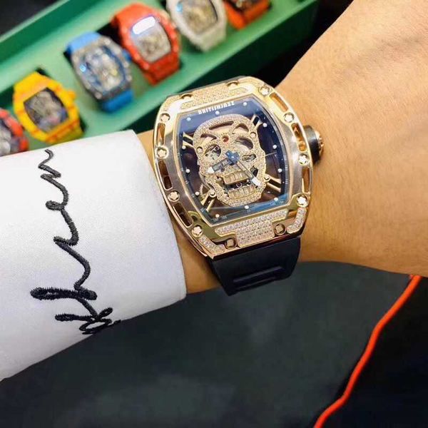 

milles watch watch men's new style personality alternative skull head trend large dial waterproof barrel shaped hollow full transparent, Slivery;golden