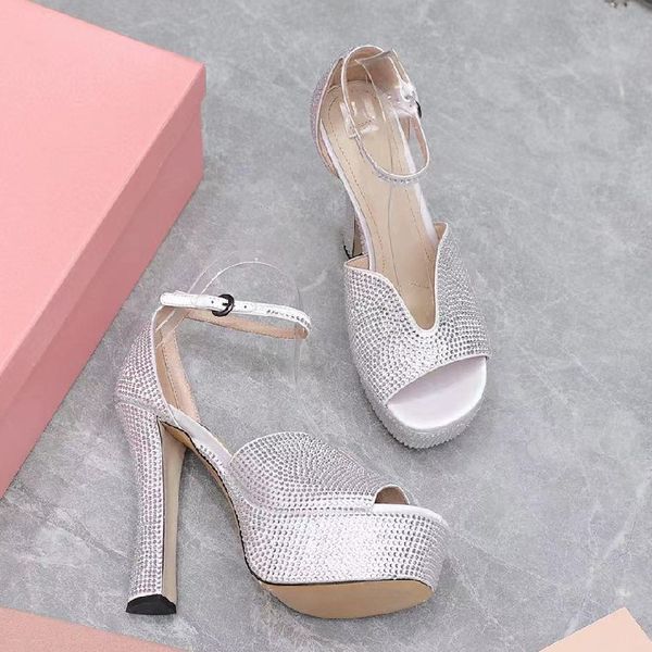 

chunky high heel platform sandals women peep toe ankle strap thick sole rhineatone sandalias runway summer party dress shoes, Black
