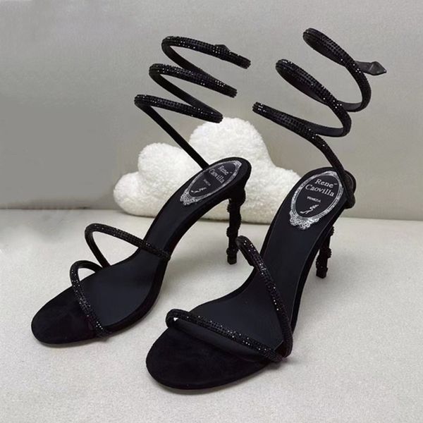 

sandals high heels dress shoes sandal luxury designer crystal ankle strap winding 10mm fashionable stiletto heel for women's rene caovi, Black