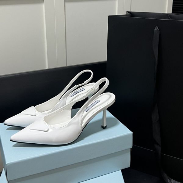 

fashion classic summer designer triangle logo high heels dress shoes high heels casual sandals black white pink leather workplace party stil