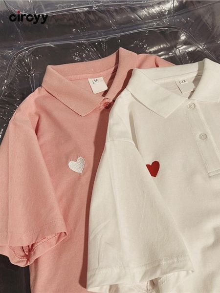 

polos circyy damskie koszulki haft serce skrecic w dol kolnierz letnie koszulki z krotkim rekawem modny guzik dziewczyna slodkie koszulk, White