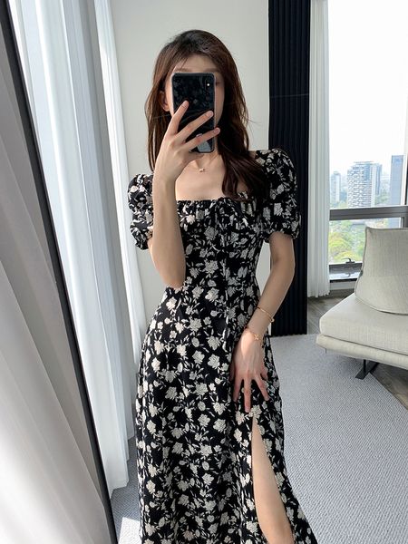 

casual dresses vintage france bodycon black flower plaza collar office ladies midi chiffon dress party elegant summer apparel 230330, Black;gray