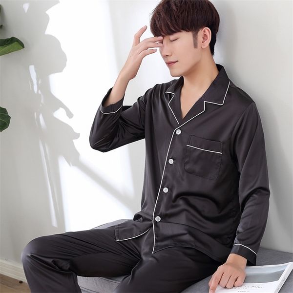 

men's sleepwear thine brand chinese style satin silk nightwear set long sleeve men's polo neck nightwear men's button home fu, Black;brown