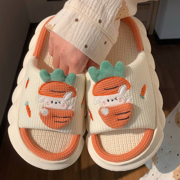 

slippers cute cartoon rabbit cotton linen slider women's summer breathable platform slider floor silent slider kawaii flap 230330, Black
