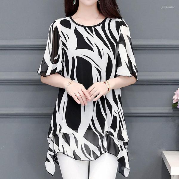 

women's blouses summer tunics elegant chiffon blouse ladies plus size short sleeve long shirt loose casual, White