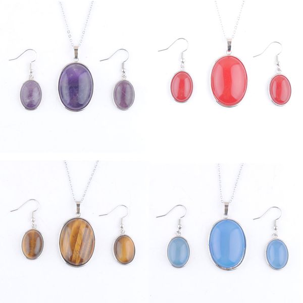 

natural amethyst agate stone pendant earrings jewelry set for women exquisite clavicle fashion lucky jewelry dbq314, Silver