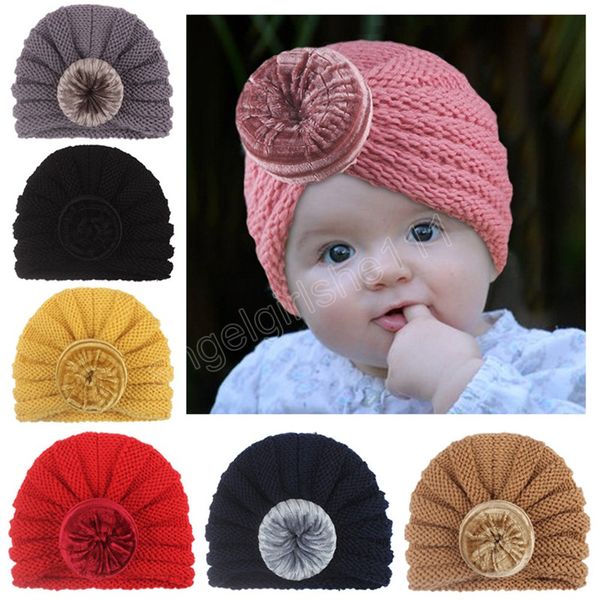 

16*12.5 cm solid color knitted wool hats newborn infant velvet donut caps elastic children headwear baby accessories, Yellow