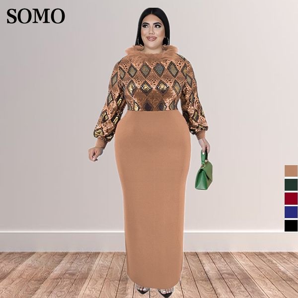 

plus size dresses elegant luxury autumn women evening fur collar long sleeve size patchwork maxi dress wholesale drop 230330, Black