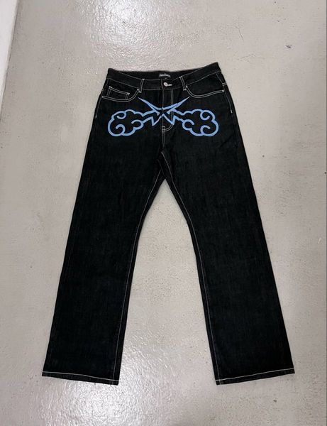 

mens jeans harajuku denim fashion printed trousers mens y2k retro street hiphop jeans womens loose wideleg straightleg pants 230330, Blue