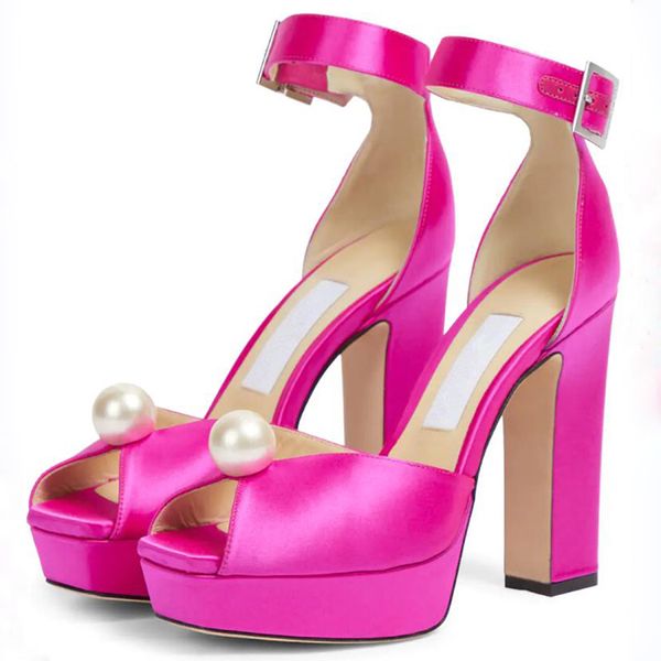

fashion women pumps socorie 120 mm satin sandals elegant london ankle sling pearl embellished fish mouth designer coarse heel wedding party, Black