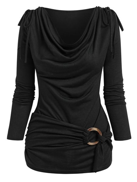

women's t-shirt cowl neck cinched o ring tee long sleeve loose women's spring autumn style blouses shirt 230330, White