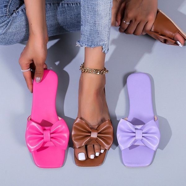 

slippers slides women summer bowknot fashion flat large size candy colors sandals female casual outdoor beach shoes 230329, Black