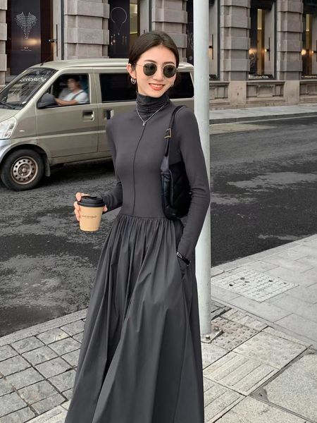 

casual dresses autumn women elegant midi a line turtleneck dress women's vestdios office women bodycon fashion slim dress 230330, Black;gray