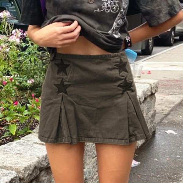 

skirt y2k grunge denim with star pattern patchwork summer zipper high waist pleated aline mini s fashion clothes 230330, Black
