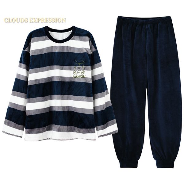 

men's sleepwear spring autumn brand warm thick cartoon men's pajamas flannel stripe pajamas coral fleece sleep lounge pajama set 3, Black;brown