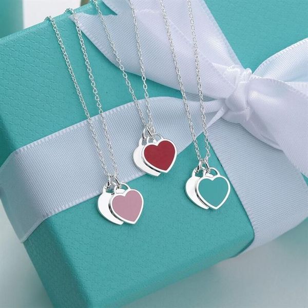 

design mini tiffan enamel double heart charms lover necklaces women necklace fashion trendy suspension love pendants 925 silver designer 214