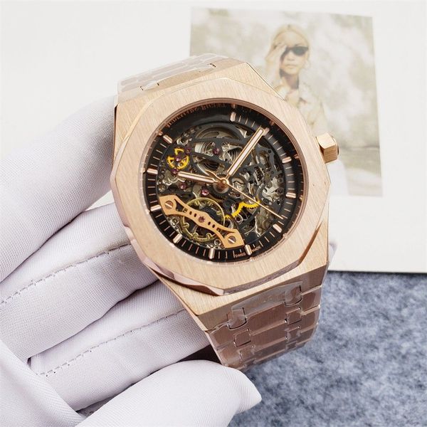 

fashion mens watch glass 42mm skeleton dial automatic mechanical wristwatch steel strap waterproof designers master watches, Slivery;golden